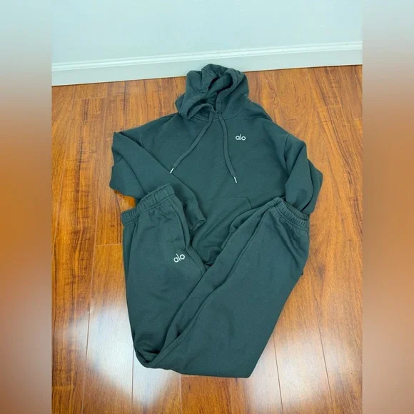 Alo 2 Piece Set Accolade Hoodie Sweatshirt & Sweatpant Charcoal Green Size S - Picture 15 of 15